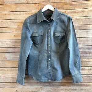 J. Peterman Heavyweight Blue Denim Western Button Down Shirt Size 10